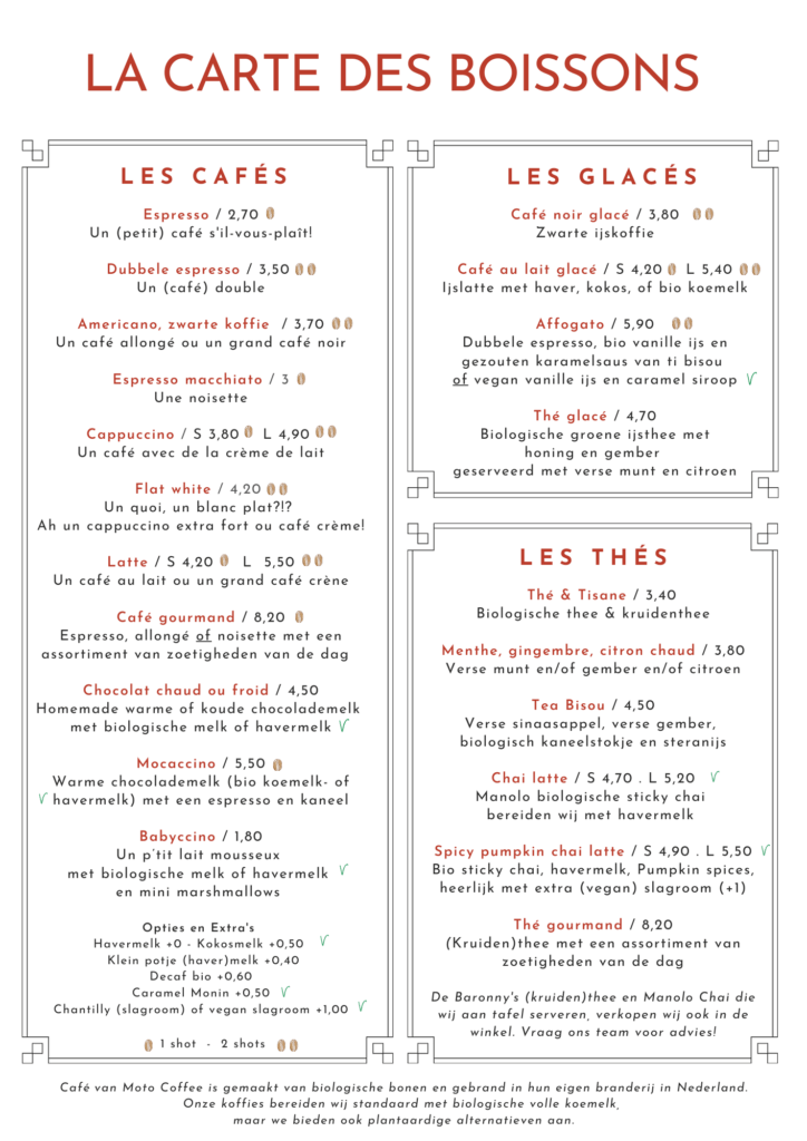 koffie menu van ti bisou in haarlem