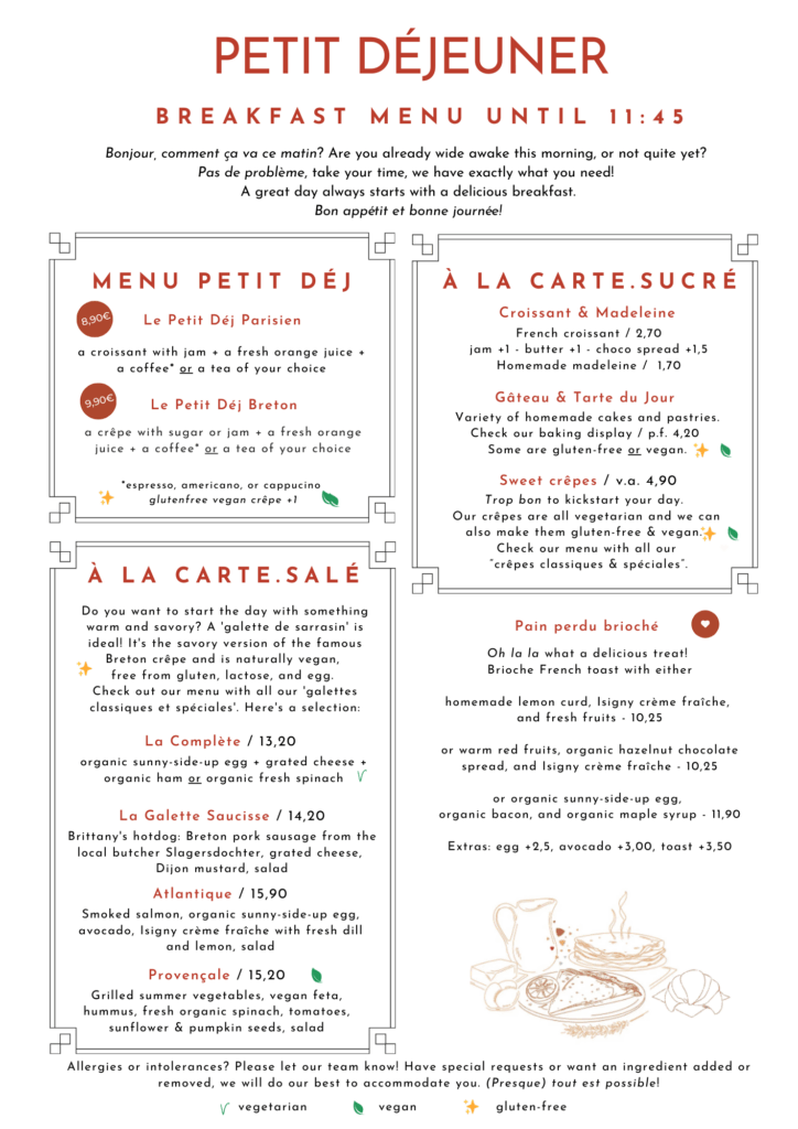 breakfast menu with crepes french toast croissants in haarlem