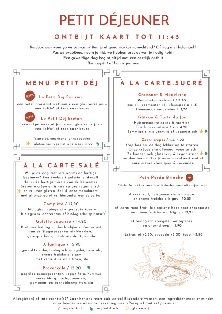 ontbijt kaart met crepes en croissant in haarlem